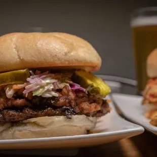 Cowboy Burger, beef patty, pulled pork, slaw and BBQ