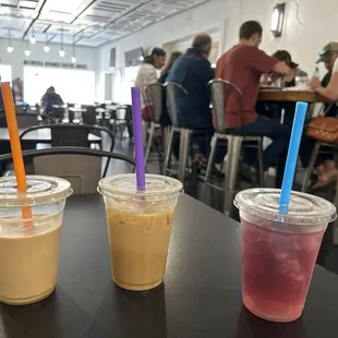 Iced caramel latte, hibiscus tea.