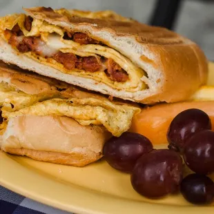 Breakfast Panini with bacon &amp; side Fruit