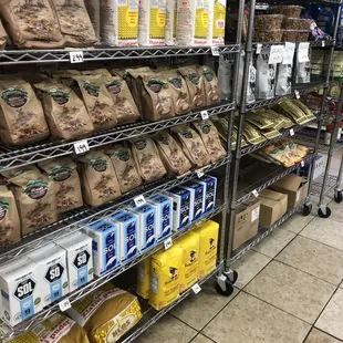 a grocery store shelf full of food