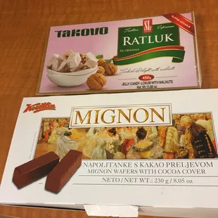 Vegan wafers with cocoa cover and Turkish delight with walnuts (also vegan)