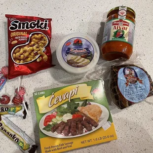 a variety of food items on a counter