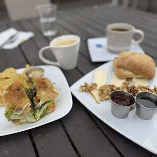 Delicious Veggie sandwich and a pear and Brie board.