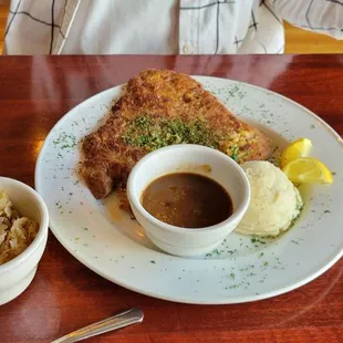 Pork Schnitzel and sides. Super good.