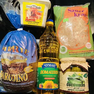 Sauerkraut, pickles, and sunflower oil for vinaigrette salad. Black bread to accompany borscht and farmers cheese for other cooking.