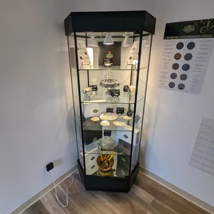 a display case in a corner