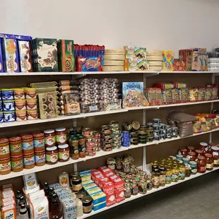 Shelves stocked with Dry and Canned goods
