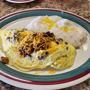 Chili and cheese omelet with added sausage.