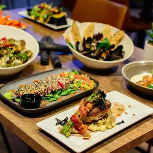 a variety of dishes on a table