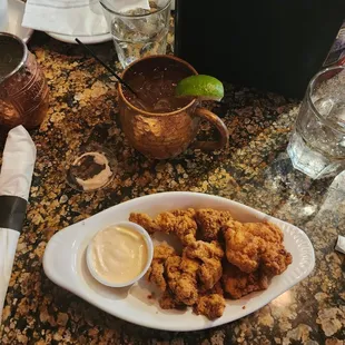 Alligator bites with rebelon sauce dip