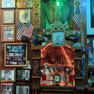 a bar with american flags and memorabilia