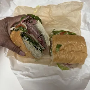 Po' Boy with salami, roast beef and ham, cajun mayo and all of the fixings! Huge! Took 2 settings to eat my HALF!!