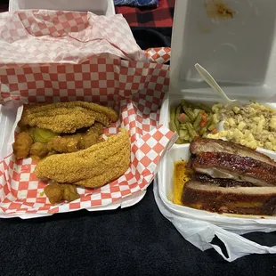 Catfish with fried okra, ribs with Mac &amp; beef &amp; cheese and green beans. So good!