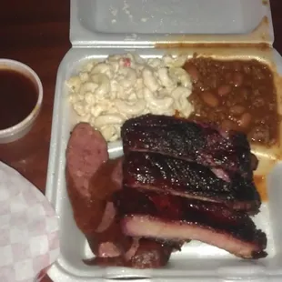 2 meat plate, ribs/sausage.  Beans (read chili) and Mac salad.  DELICIOUS!
