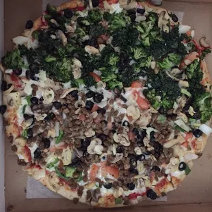 Primavera with broccoli on half and added sausage on half