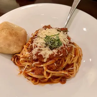Pasta bolognese with sausage and beef.