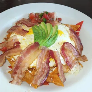 Chilaquiles rojos and bacon