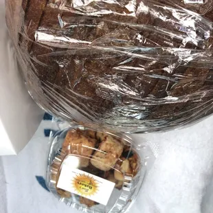 Brown bread - very tasty. Rugela in plastic container was dry and tasted strong of peanuts.