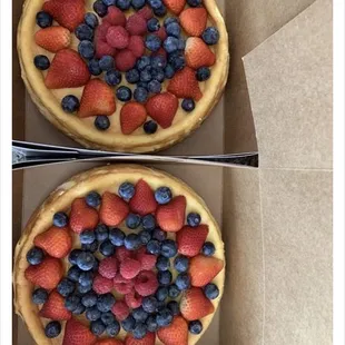 a picture of two pies with strawberries and blueberries