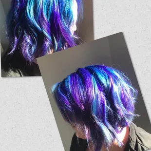I had 7 inches taken off, my hair was bleached and then she added 3 Pravana colors - 2 blue and one purple.