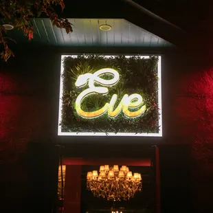 neon sign and chandelier