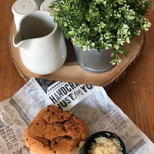 a sandwich and a cup of coffee