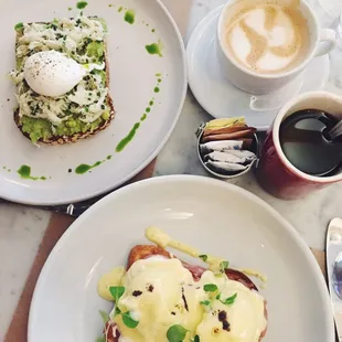 Avocado toast ($18) and Eggs Benedict ($17)