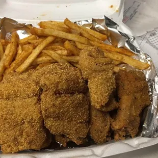 Catfish and fries, with 4 wings, $15