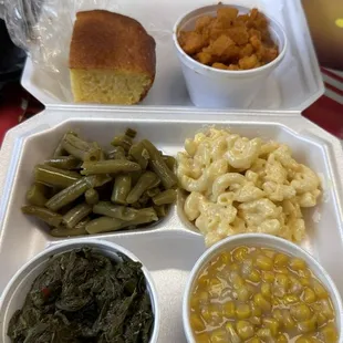 Veggie plate with an extra side. Greens, corn, mac &amp; cheese, green beans, yams, &amp; cornbread.