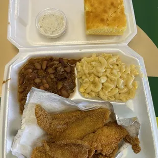 Catfish dinner with Mac and cheese and chilli beans