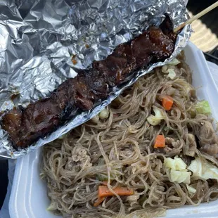 Pancit and beef skewer