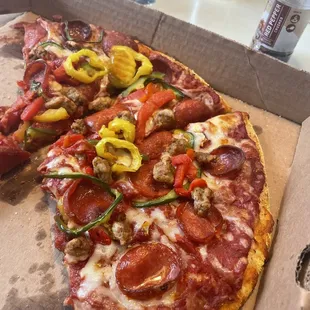 pepperoni, peppers, and sausage