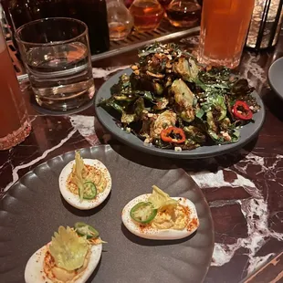 Crab Deviled Eggs and Crispy Brussels