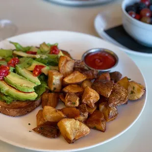 Vegan option- avocado toast, potatoes, Fresh Fruit Bowl