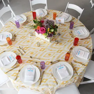 Linens, china, flatware, glassware and linens.  Seating too!