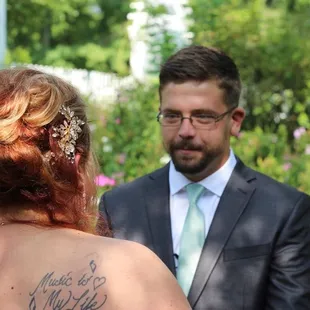 Bride and groom during first look