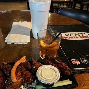 a plate of food and a drink
