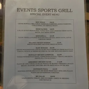 Special event menu