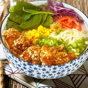 Crispy Chicken Noodle Soup with Creamy Floral Pork Bone Broth