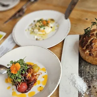 Focaccia with housemate ricotta, and grilled octopus