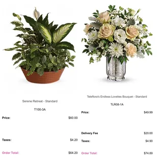 This is a side-by-side photo of the arrangements I ordered &amp; expected to arrive.