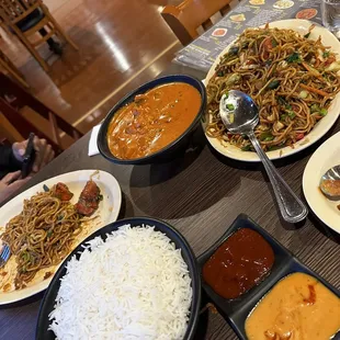 Portion sizes are so big! Butter chicken, Chicken Chili chow mein.