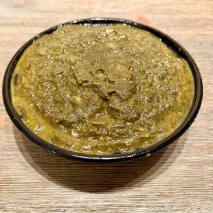 Saag Paneer. The slightly firm Indian cheese cubes are a great contrast to the meltingly creamy soft spinach. Highly recommend.