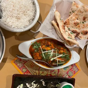 1. Plain White Rice 7. Chicken Curry 3. Garlic Naan 6. Samosas