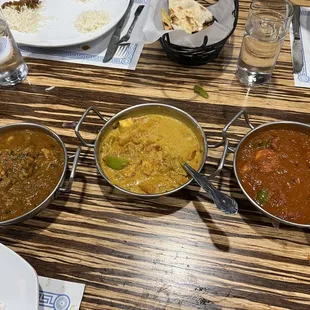 From left to right, Chicken Curry (House Special), Navratan Korma, Kadai shrimp