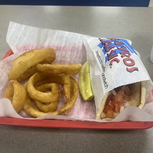 Souvlaki Sandwich and Fried Onion Rings