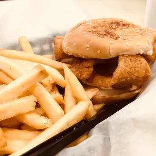 a chicken sandwich and french fries