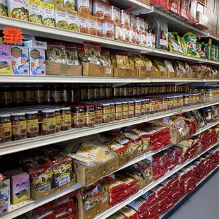 shelves of food in a grocery store