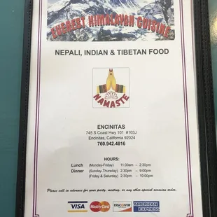 Everest Himalayan Cuisine front page menu