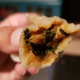 Interior of veg momo ($8). Tasty with excellent texture and savory filling.